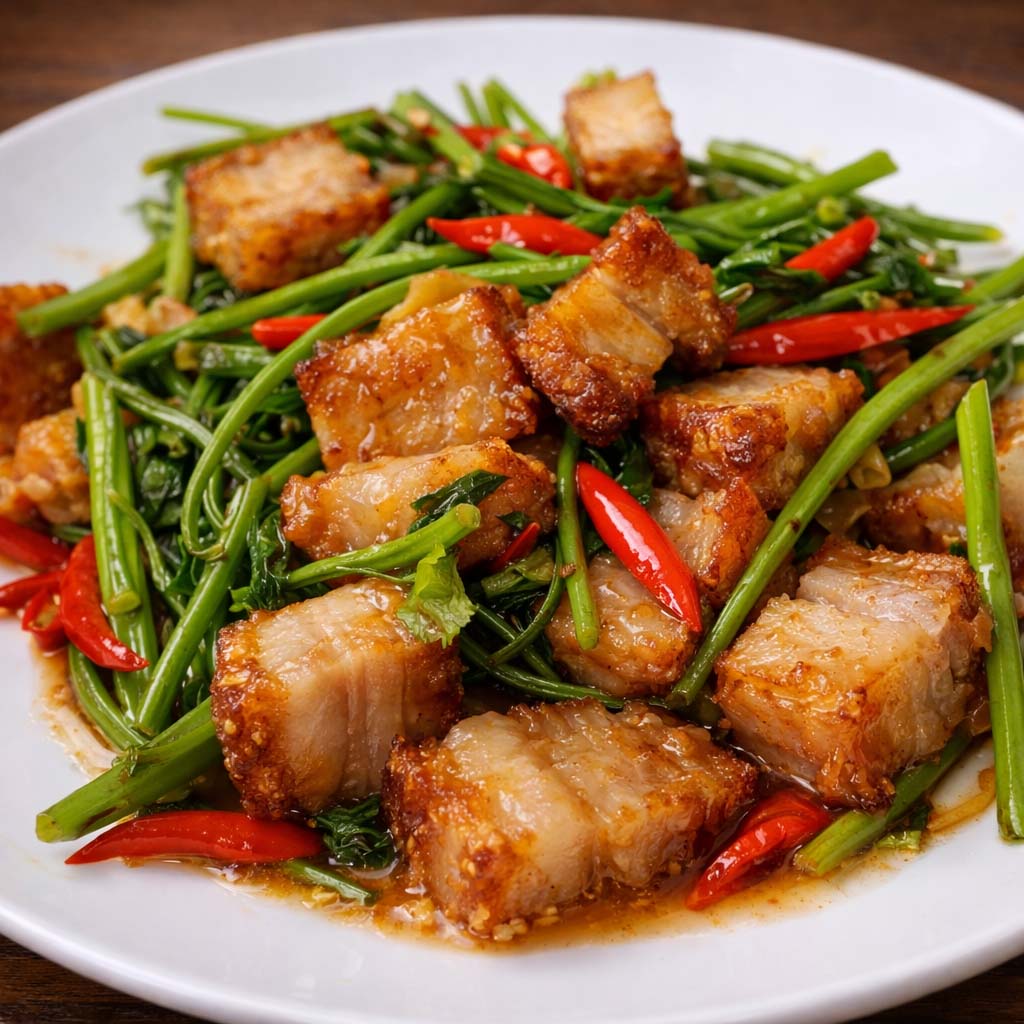 ผัดผักบุ้งหมูกรอบ