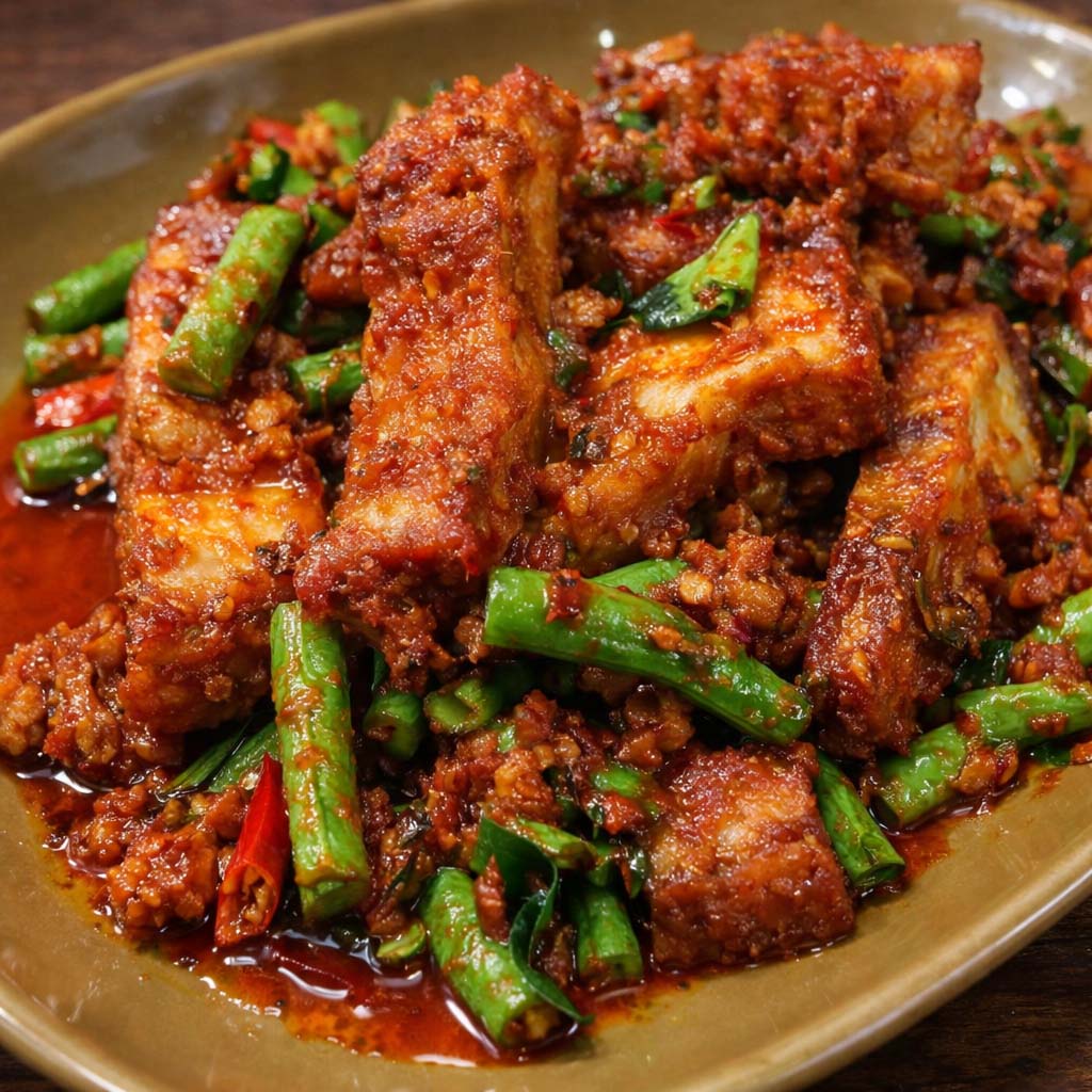 ผัดพริกแกงหมูกรอบ