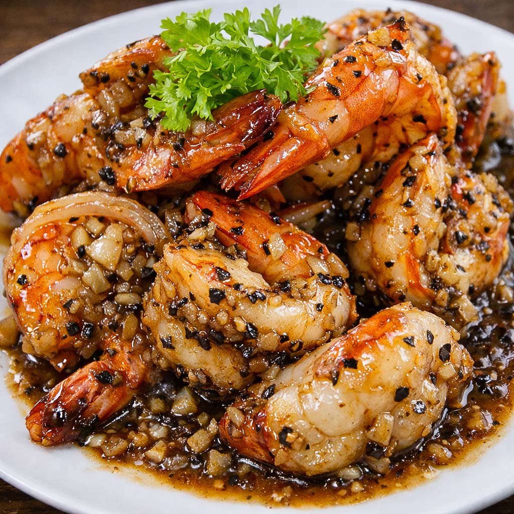 กุ้งแม่น้ำผัดพริกไทยดำ