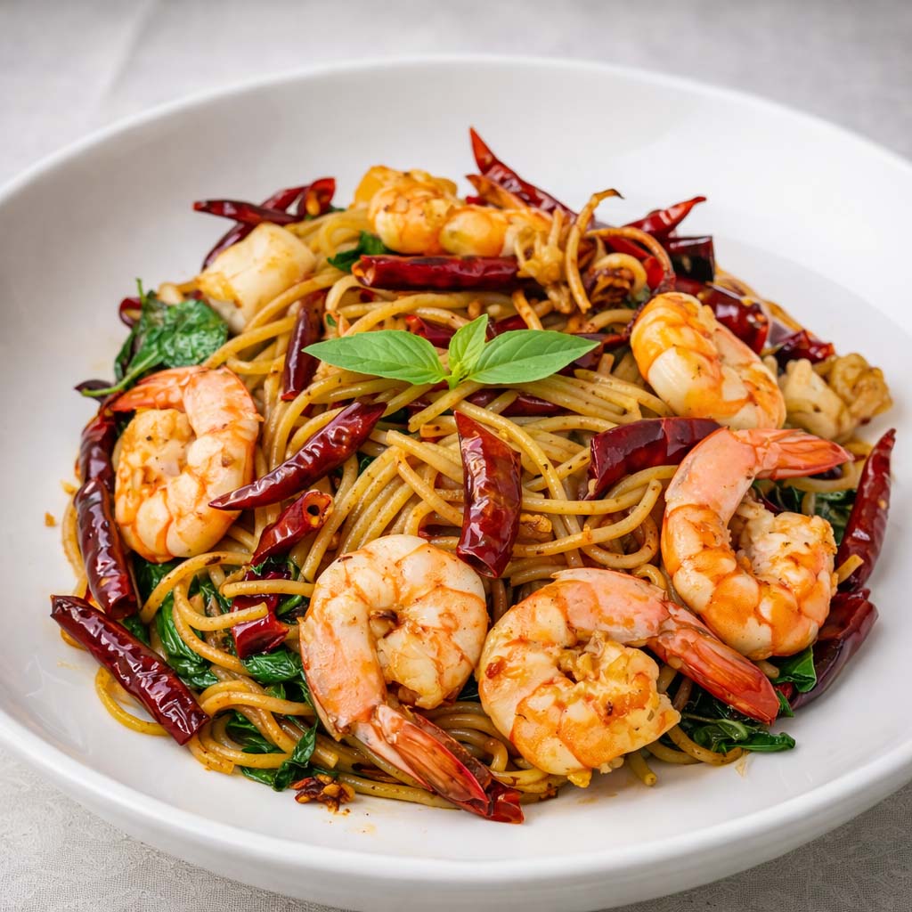 สปาเก็ตตี้ผัดพริกแห้งทะเล