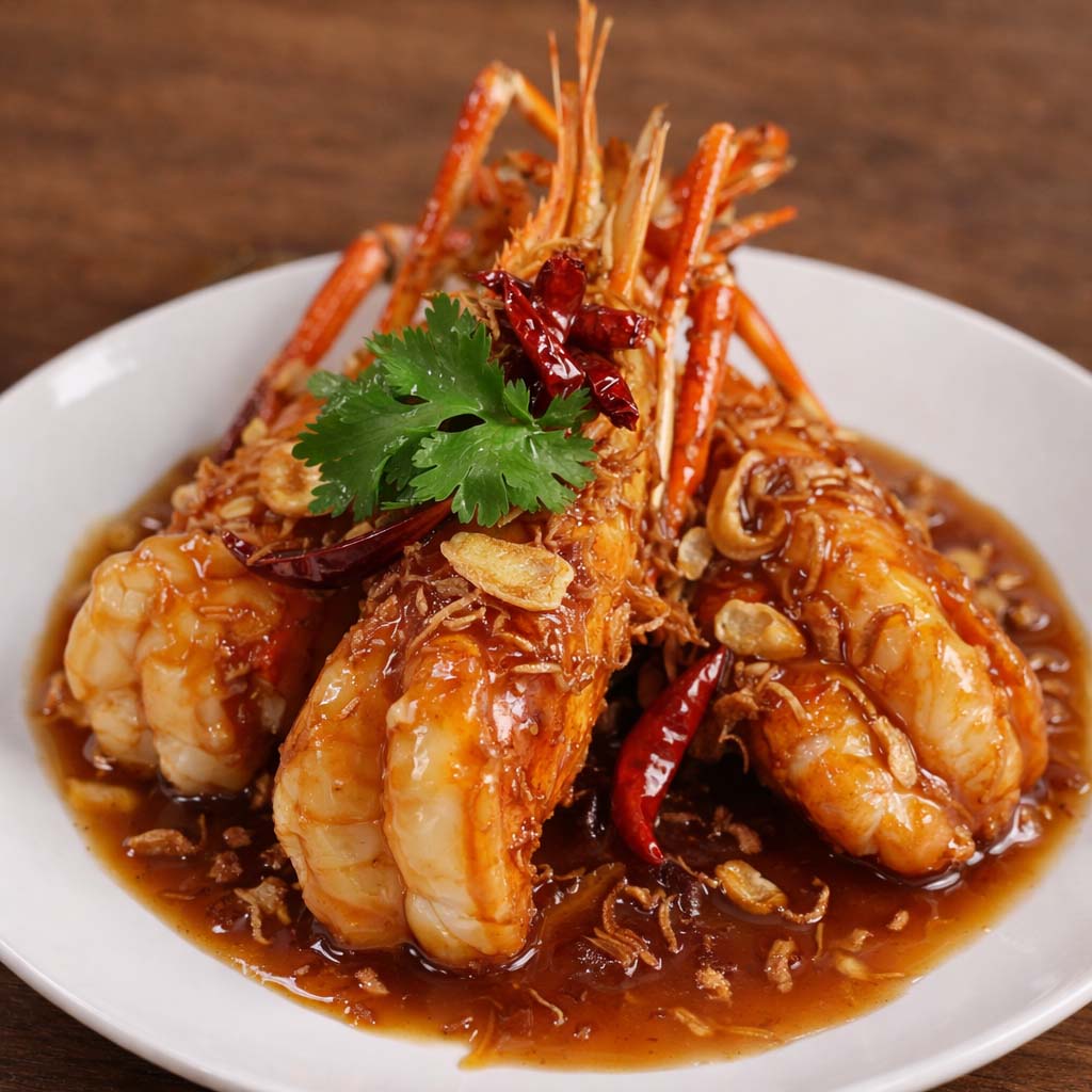 กุ้งแม่น้ำทอดซอสมะขาม