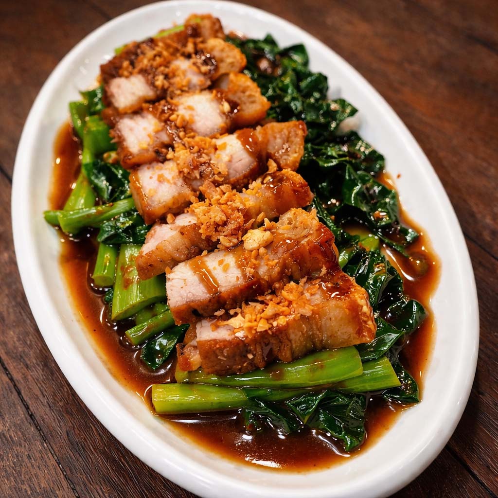 คะน้าฮ่องเต้หมูกรอบ